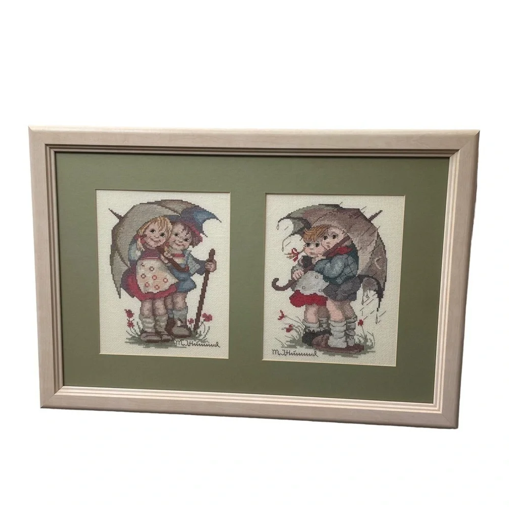 M.I. Hummel Cross Stitch Needle Point Framed Art Rare Vintage Wall Hanging Decor